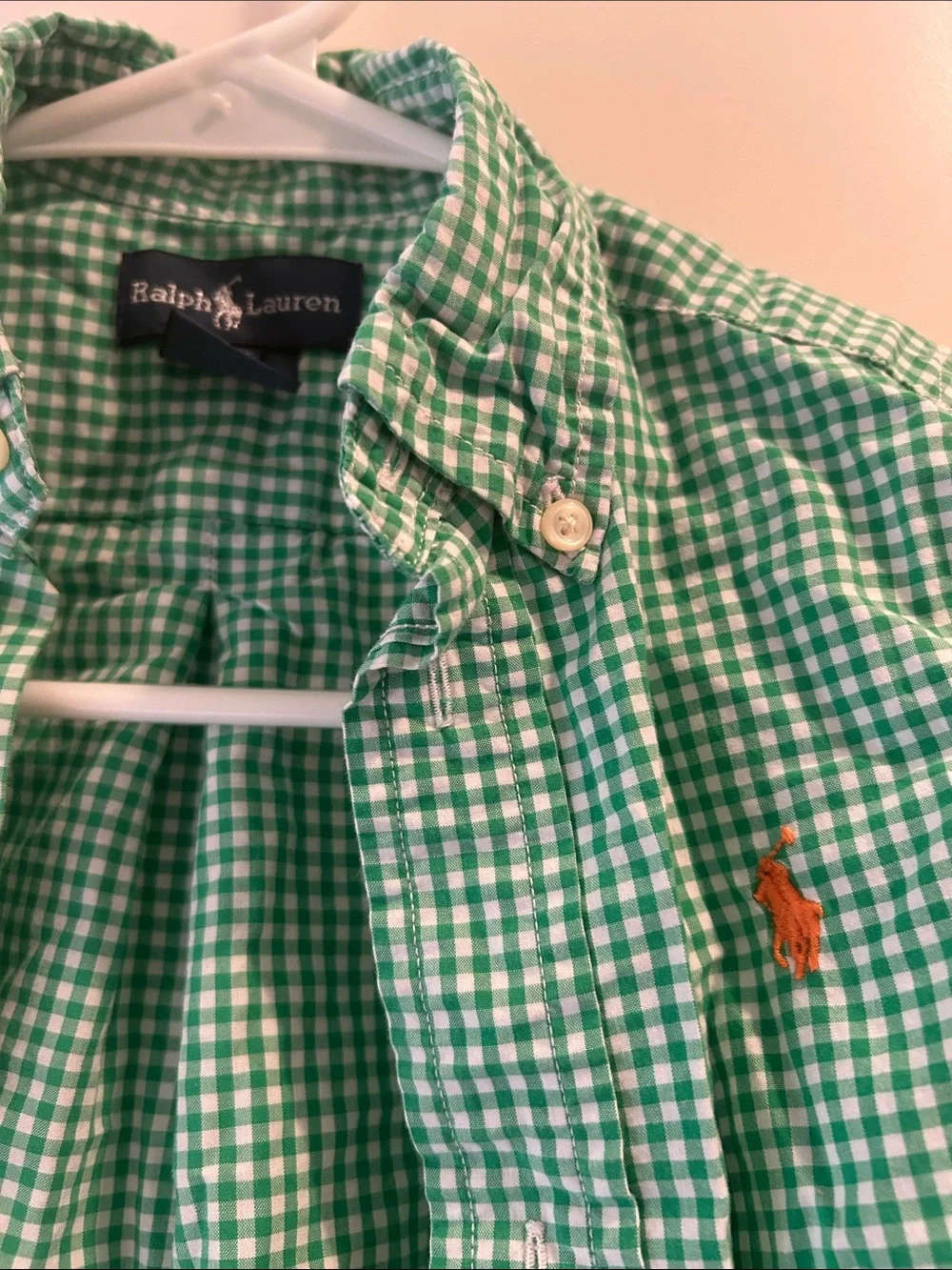 Ralph Lauren Green Gingham Button-Down Shirt long sleeve embroider logo size 3T